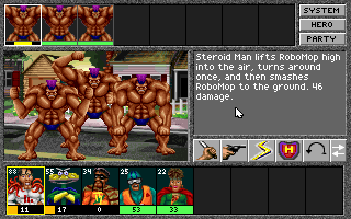 Superhero League of Hoboken (DOS) screenshot: Oh wow. This is a mini-boss battle of sorts. Those guys are way over-powered