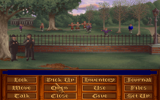 The Lost Files of Sherlock Holmes (DOS) screenshot: Kids playing nearby.