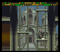 Front Mission: Gun Hazard (SNES) screenshot: Scaffolding outside of a government building