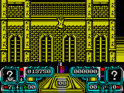 Dalek Attack (ZX Spectrum) screenshot: Shimmy along the ridge of the church.