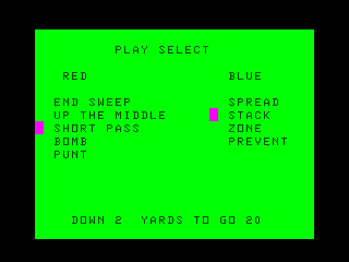Football (TRS-80 CoCo) screenshot: Each player needs to select a play