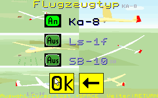 SFS-PC 2.0 (DOS) screenshot: The plane selection screen. In the shareware release only the KA-8 is available