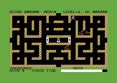Krystals of Zong (Commodore 64) screenshot: When you get the sword, enemies turn red, allowing you to slay them