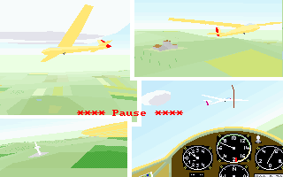 SFS-PC 2.0 (DOS) screenshot: When the flight is paused th egame runs through a sort of slide show advertising the game's features and the other planes