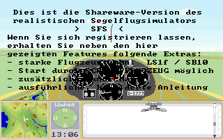 SFS-PC 2.0 (DOS) screenshot: An in flight nag screen showing features of the registered system