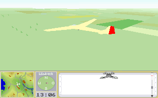 SFS-PC 2.0 (DOS) screenshot: In flight. This is using the highest detail setting. The graphics are quite basic, note the small triangles used to represent trees.