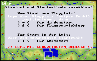 SFS-PC 2.0 (DOS) screenshot: Departure and selections start methods. The instructions tell the player to use the arrow keys to move the white box, currently at the bottom of the screen, to the start position