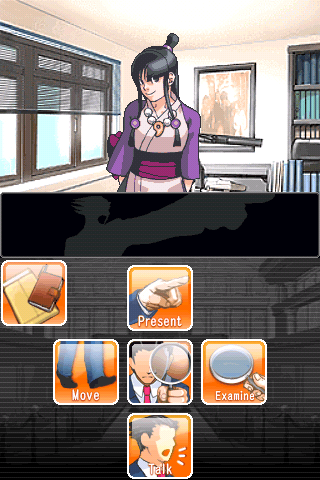 Phoenix Wright: Ace Attorney (iPhone) screenshot: If you hold middle button down, it shows options what to do.