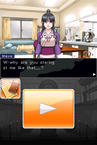 Phoenix Wright: Ace Attorney (iPhone) screenshot: Probably because he hasn't ever seen a girl before.