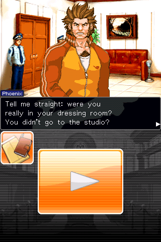 Phoenix Wright: Ace Attorney (iPhone) screenshot: Actor Will Powers, looks like Hugh Jackman if you ask me.