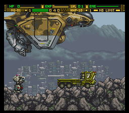 Front Mission: Gun Hazard (SNES) screenshot: Trying to defend against an armed carrier takes pot shots at flat-bed transport
