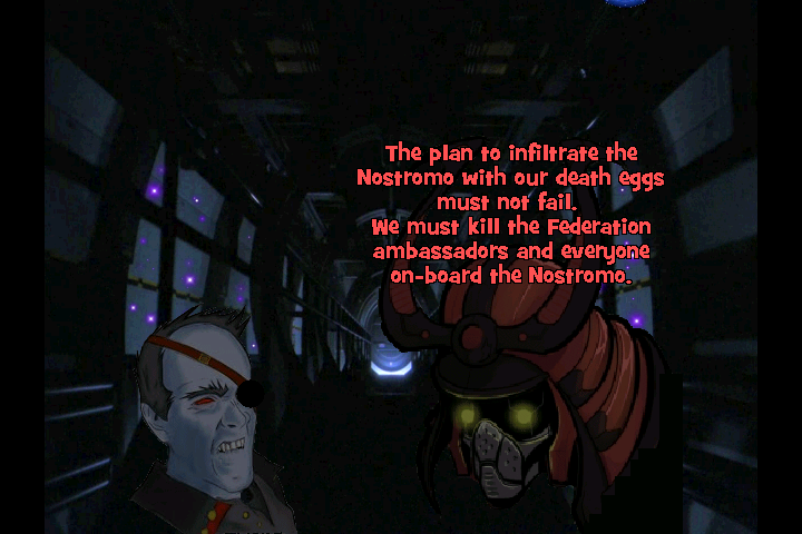 Darkforce: Peace Among Nations (Windows) screenshot: Two evil aliens with their plan to kill everyone on board the Nostromo