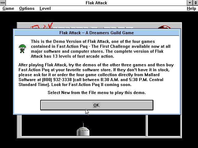 Fast Action Paq (Windows 3.x) screenshot: Flak Attack: Demo version<br>Introduction screen