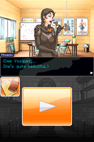 Phoenix Wright: Ace Attorney (iPhone) screenshot: Not for long if she continues smoking like that.