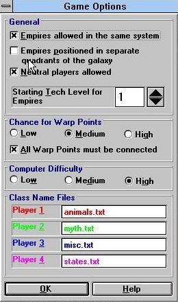 Space Empires II (Windows 3.x) screenshot: Space Empires II: Shareware release<br>Starting a new game, this shows the set of full game configuration options
