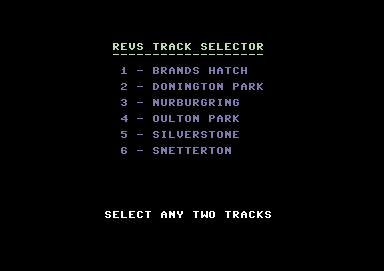 Revs+ (Commodore 64) screenshot: The track selection screen showing the new choices.
