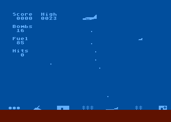 Bomber Attack (Atari 8-bit) screenshot: First run - bombs away and a scrambled fighter is coming up already