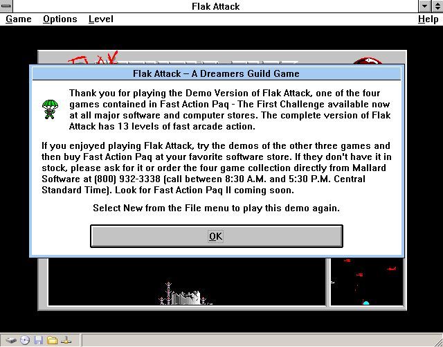 Fast Action Paq (Windows 16-bit) screenshot: Flak Attack: Demo version<br>The end of game nag screen