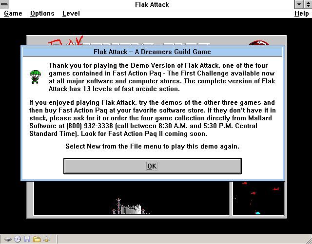 Fast Action Paq (Windows 3.x) screenshot: Flak Attack: Demo version<br>The end of game nag screen