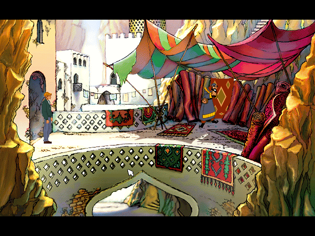 Circle of Blood (DOS) screenshot: This ordinary carpet seller in facts acts as a gatekeeper for the Alamut club...