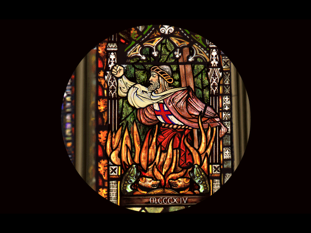 Circle of Blood (DOS) screenshot: A stained glass image in the church, showing the death of Jacob de Molay.