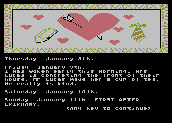 The Secret Diary of Adrian Mole Aged 13¾ (Atari 8-bit) screenshot: Mrs.Lucas is concreting the front of their house. Mr. Lucas made her a cup of tea.