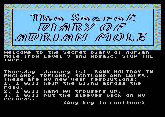 The Secret Diary of Adrian Mole Aged 13¾ (Atari 8-bit) screenshot: Listing his New Years resolutions.