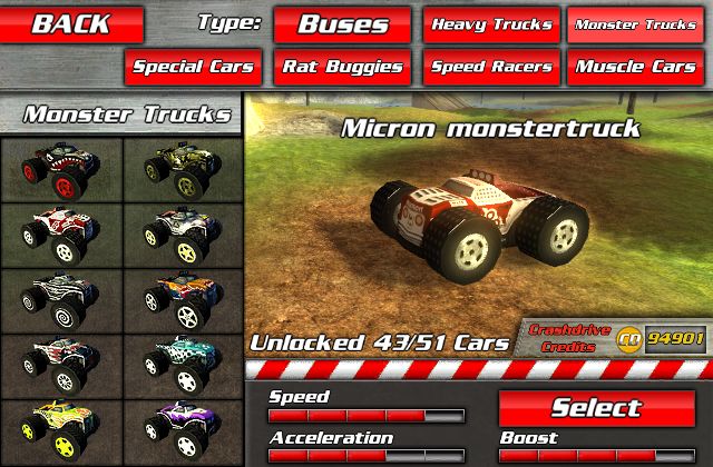Crashdrive 3D (Browser) screenshot: The game's garage, here you can unlock and select all 50+ cars