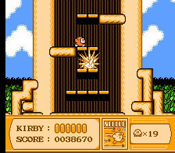 Kirby's Adventure (NES) screenshot: The needle weapon turns you into a real hazard.