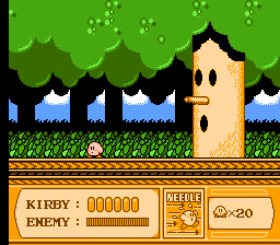 Kirby's Adventure (NES) screenshot: This tree boss is not too tough.