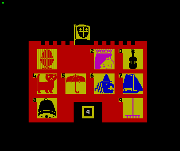 Castles and Clowns (ZX Spectrum) screenshot: King of the Castle game: Playing the game. The player here has already got picture one right, it was e for egg. They got picture two wrong and are now being asked about picture nine