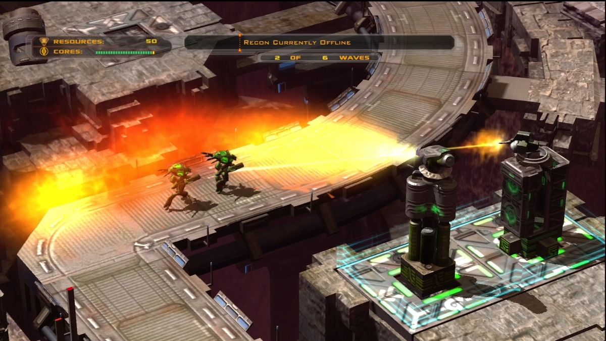 Defense Grid: The Awakening (Xbox 360) screenshot: Flame and bullets. Warm reception?