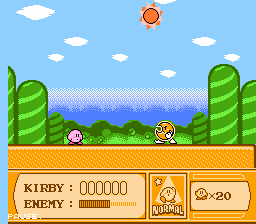 Kirby's Adventure (NES) screenshot: The bosses of this level are the sun and the moon, taking turns beating you.