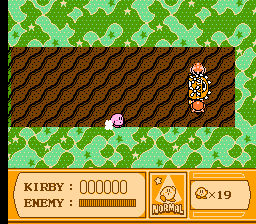 Kirby's Adventure (NES) screenshot: An interesting boss confrontation. While this boss tears through this level you must follow him and shoot when his rear panels open to shoot you. It's as tough as it sounds!