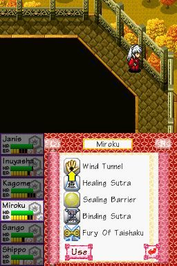 InuYasha: Secret of the Divine Jewel (Nintendo DS) screenshot: And the skills screen, this time showing Miroku's skills. Most of these can only be used during battle.