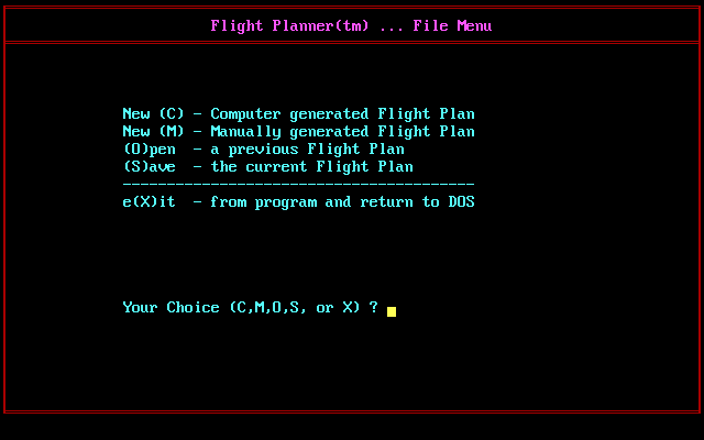 Flight Planner for Microsoft Flight Simulator (DOS) screenshot: The Flight Planner menu<br>Any actions taken here will flights planned here will use the default database which is specified in the configuration options.