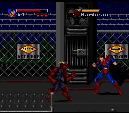 The Death and Return of Superman (SNES) screenshot: Shooting off his X-Ray eyes.
