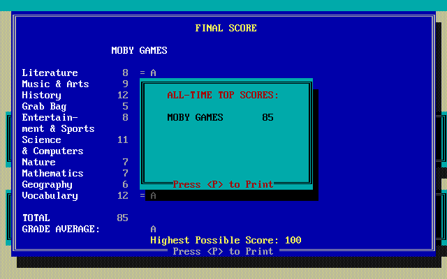 Expert Common Knowledge (DOS) screenshot: Top scorer board.