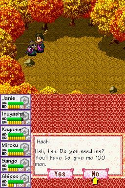 InuYasha: Secret of the Divine Jewel (Nintendo DS) screenshot: Another important minor character you meet is Hachi. You have to pay him a modest amount...