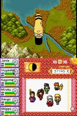 InuYasha: Secret of the Divine Jewel (Nintendo DS) screenshot: ... and then he transforms into an airship like in the anime. This is the only way to reach certain areas in the game, and to avoid the annoying random battles on the overland map.