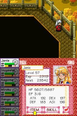 InuYasha: Secret of the Divine Jewel (Nintendo DS) screenshot: Janis is the main character. This is her stats screen (relatively late in the game).