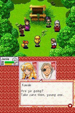 InuYasha: Secret of the Divine Jewel (Nintendo DS) screenshot: Part of a story animation, showing the whole party and Kaede, one of the more important side characters from the anime. The dialogs are displayed on the lower screen.