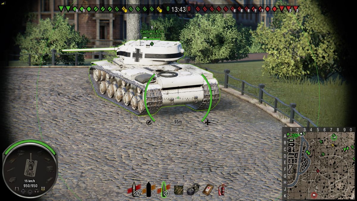 World of Tanks: Captured KV-1 Loaded (PlayStation 4) screenshot: Zooming in on an allied Captured KV-1 heading toward the town