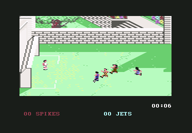 Street Sports Soccer (Commodore 64) screenshot: He's running the ball down the field.