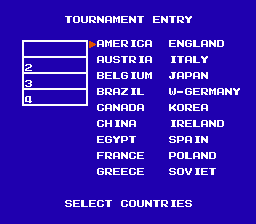 Final Lap (NES) screenshot: Available countries in tournament mode.