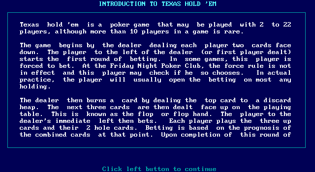 Ante-Up at The Friday Night Poker Club (DOS) screenshot: The tutorial will explain the rules to you first then it'll get around to actually showing you what you're doing wrong.