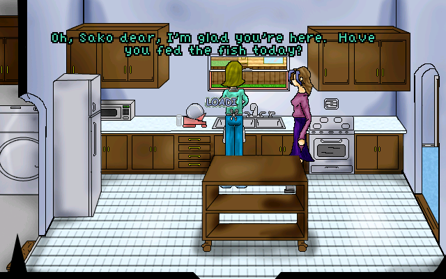 Game Quest (Windows) screenshot: Sako's mother is doing the dishes in the kitchen.