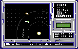 Space Rogue (Commodore 64) screenshot: "You have arrived at your destination" - Used auto-pilot on the navigation panel to fly to a space station.