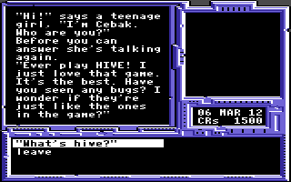 Space Rogue (Commodore 64) screenshot: Interaction with a NPC.
