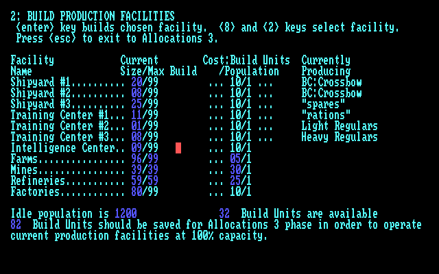Stellar Crusade (DOS) screenshot: Building production facilities (CGA)